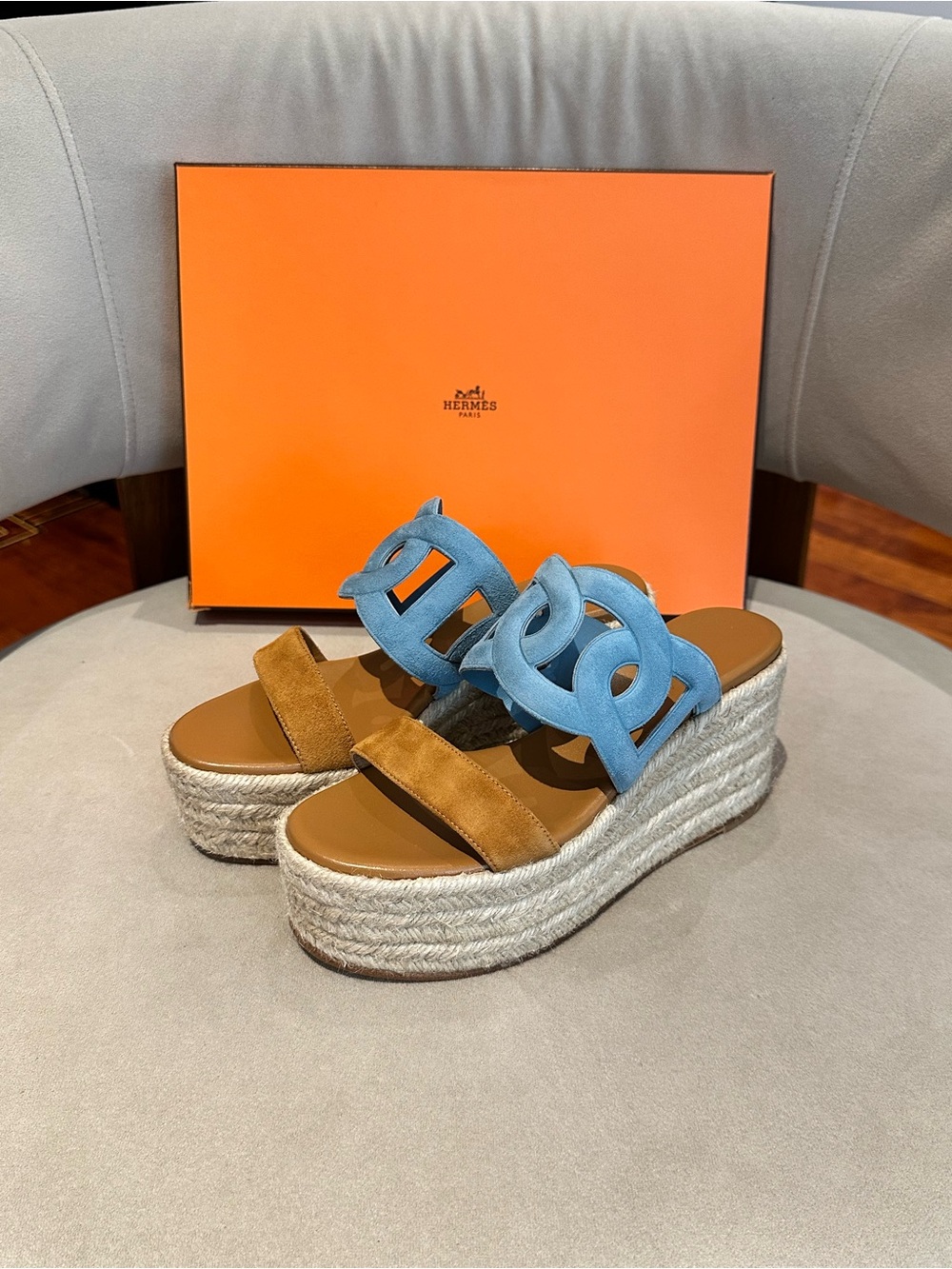 Hermes Ithea Suede Platform Espadrille Sandals
